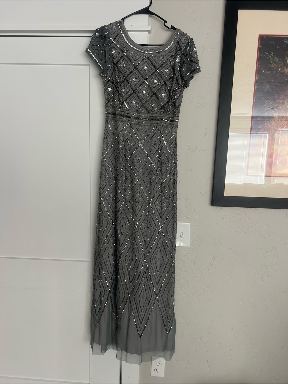 Adrianna Papell Silver Beaded Maxi Dress